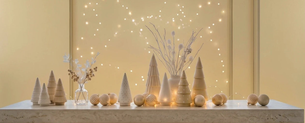 Christmas console with white ceramic trees, gold baubles and fairy lights