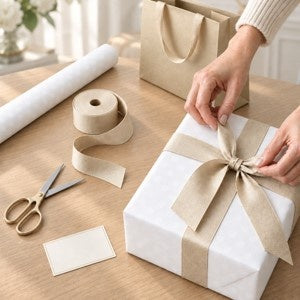 Gift being wrapped with a ribbon